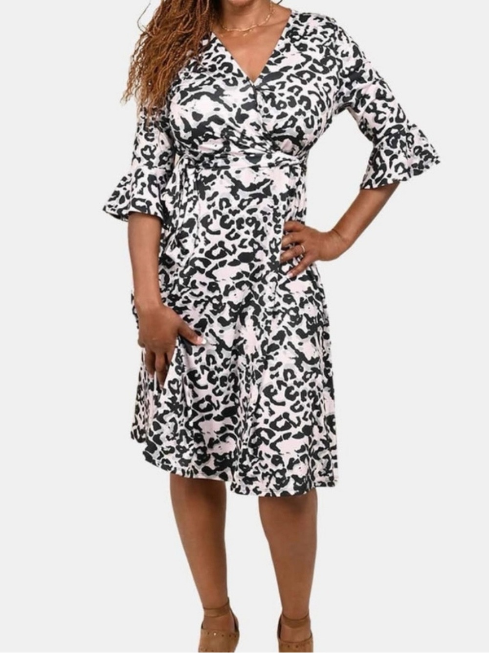 Tamsy Tropical Floral Animal Print False Wrap Dress Size Large